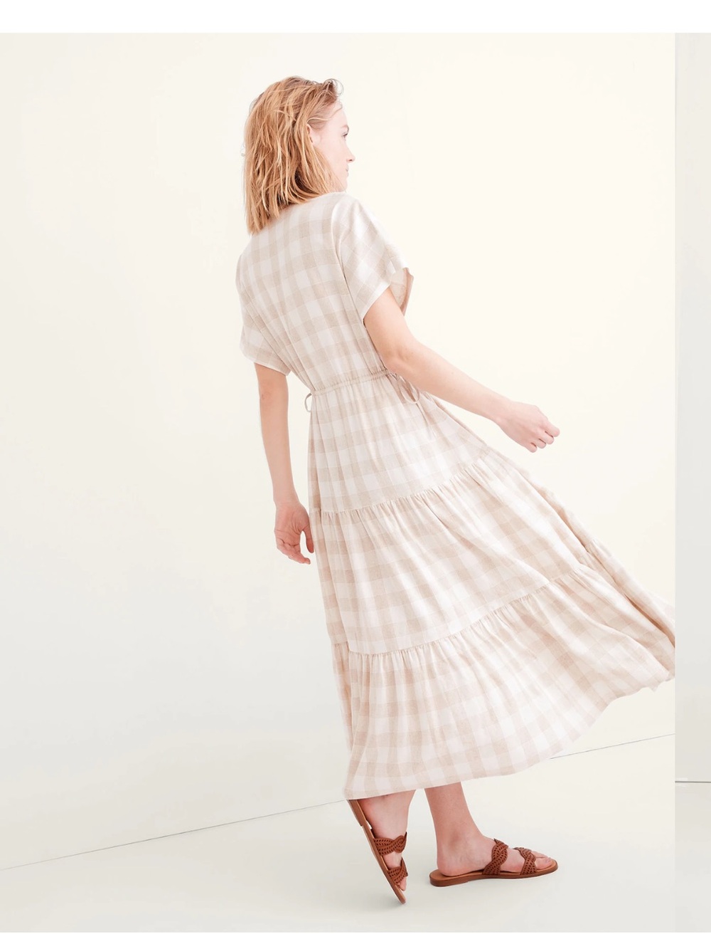 Madewell Cream and Beige Plaid Tiered Midi Dress